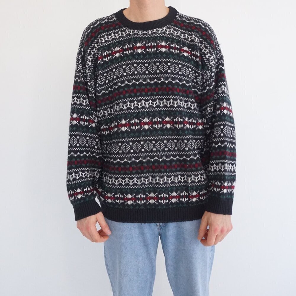 Vintage Club International Navy Isle Nordic Knit Sweater Crewneck Sweater Large